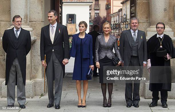 President Mariano Rajoy Queen Letizia of Spain and King Felipe VI of Spain pose for photographers at the University of Alcala de Henares for the...