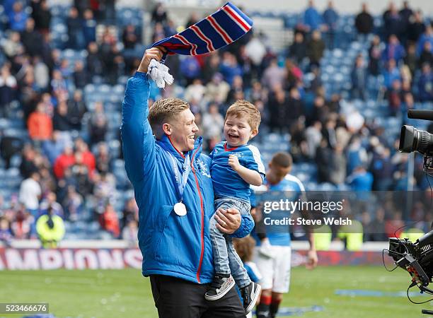 Martyn Waghorn celebrates with his son after the Scottish Championship match between Rangers and Alloa Athletic Scottish at Ibrox Stadium April 23,...