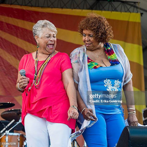 Wanda Rouzan and Rosa Hawkins of the Dixie Cups perform at Fair Grounds Race Course on April 22, 2016 in New Orleans, Louisiana.
