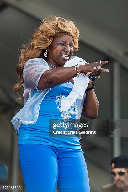 Barbara Hawkins of the Dixie Cups performs at Fair Grounds Race Course on April 22, 2016 in New Orleans, Louisiana.