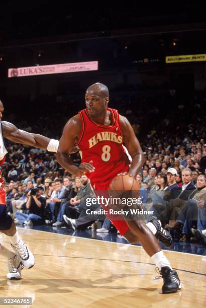 Antoine Walker of the Atlanta Hawks moves the ball during the game against the Golden State Warriors at The Arena in Oakland on February 23, 2005 in...