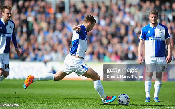 Lee Brown of Bristol Rovers scores his sides second goal during the Sky Bet League Two match between Bristol Rovers and Exeter City at the Memorial...