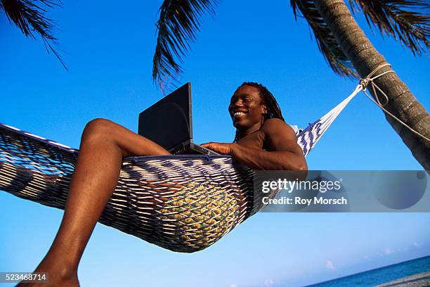 lying in hammock with laptop - roy black stock-fotos und bilder