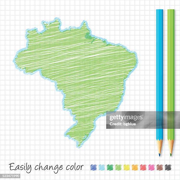 ilustrações de stock, clip art, desenhos animados e ícones de brasil esboço de um mapa com lápis de cor, em papel quadriculado - brasília