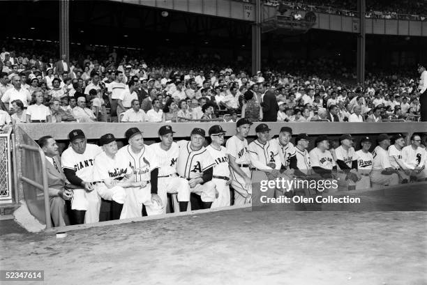 Joe McCarthy, Bill Terry, Cy Young, Rogers Hornsby, Joe DiMaggio, Jimmie Foxx, unidentified, Carl Hubbell, Mickey Cochrane, Al Simmons, Robert...
