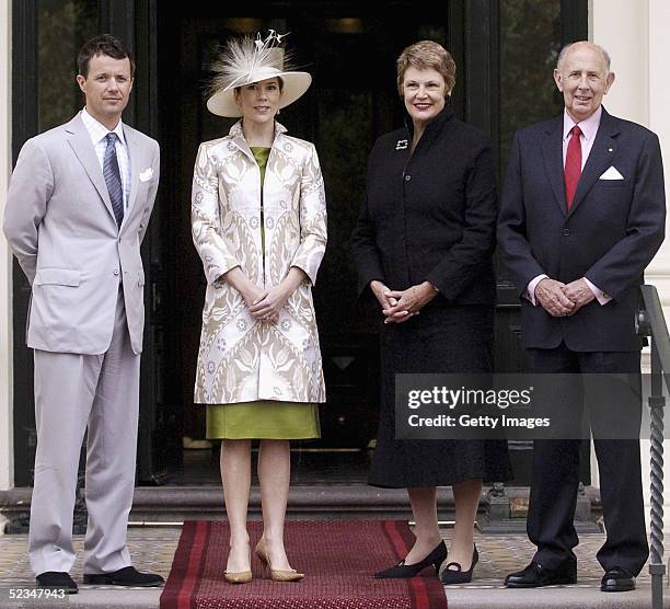 Crown Prince Frederik of Denmark and Crown Princess Mary of Denmark meet with Lynne and John Landy at Government House during their visit to the...