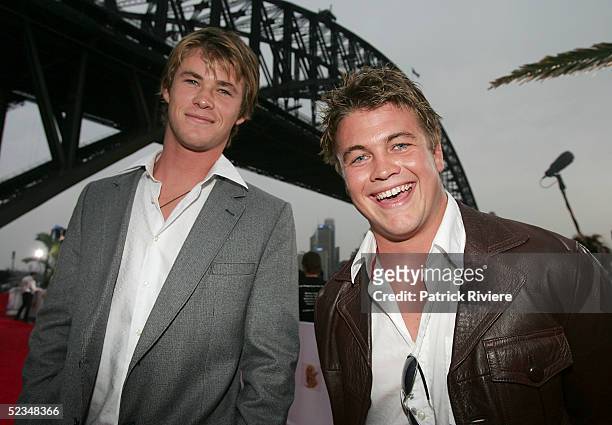 Chris Hemsworth and his brother Luke Hemsworth arrive at the inaugural MTV Australia Video Music Awards at Luna Park on March 3, 2005 in Sydney,...