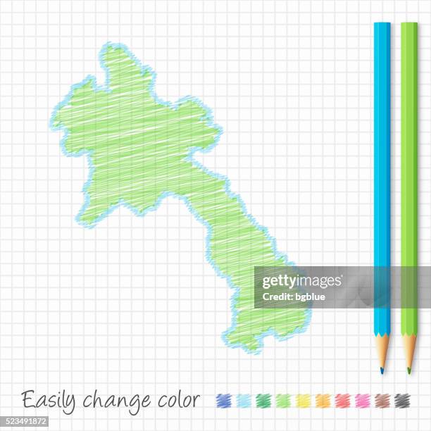 laos map sketch with color pencils, on grid paper - laos stock illustrations