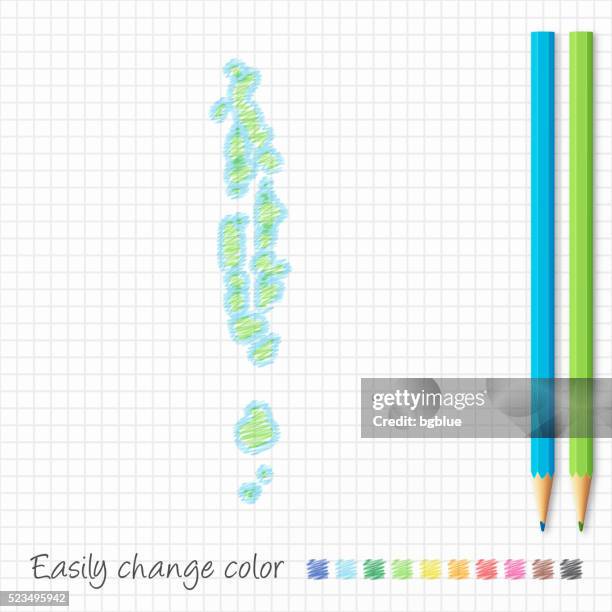 maldives map sketch with color pencils, on grid paper - male maldives stock illustrations