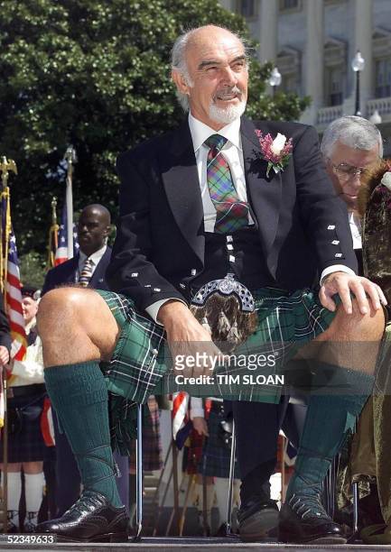 Sean Connery wears his family colors before receiving the Wallace Award from the American Scottish Foundation on the West Steps of the US Capitol in...