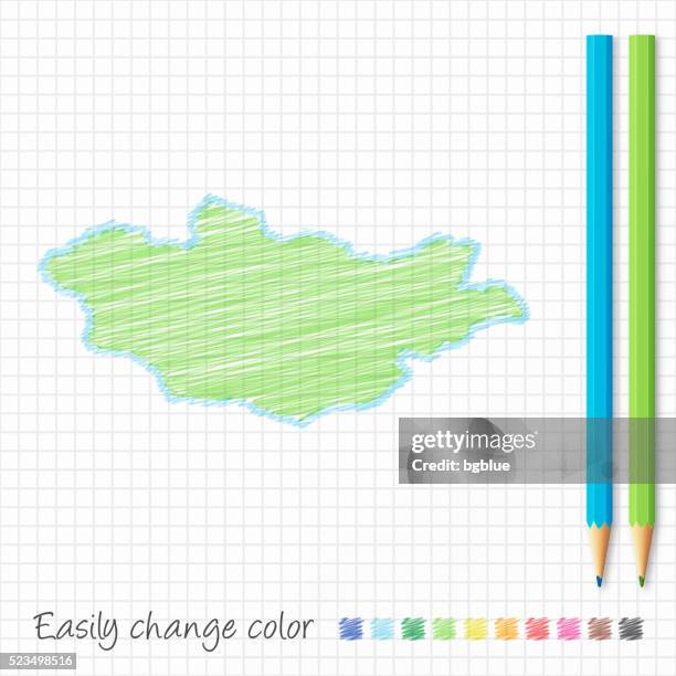 mongolia map sketch with color pencils, on grid paper - ulaanbaatar stock illustrations