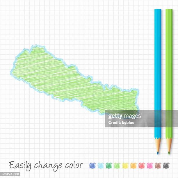 nepal map sketch with color pencils, on grid paper - nepal stock illustrations