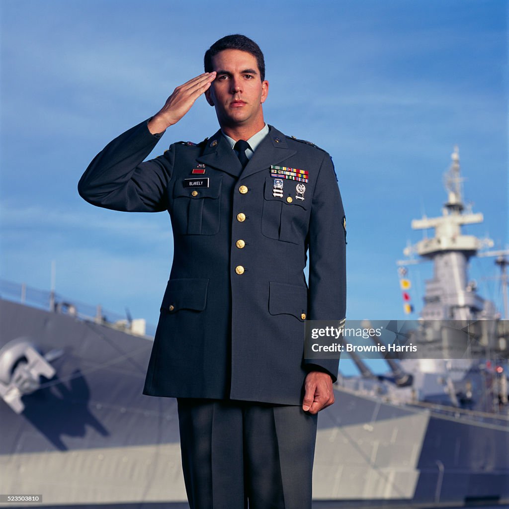 Soldier Saluting at the USS North Carolina Battleship