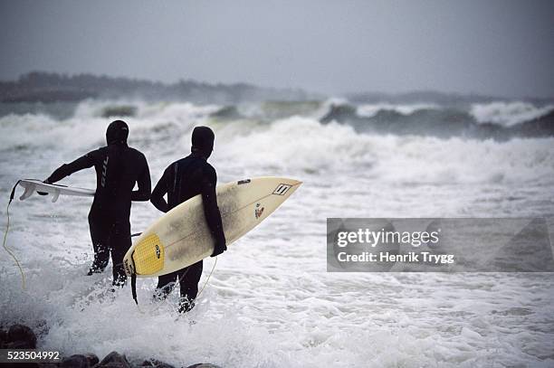 winter surfing at tors beach in sweden - winter surfing stock pictures, royalty-free photos & images