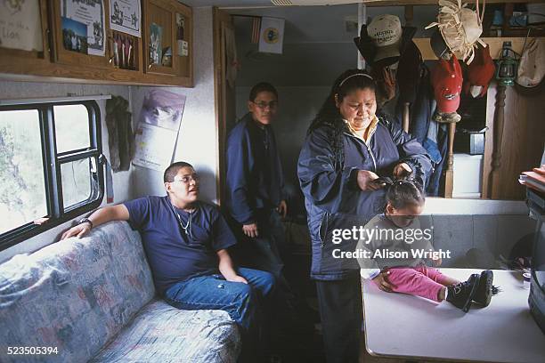 navajo mother and children living in small mobile home - native american family stock pictures, royalty-free photos & images