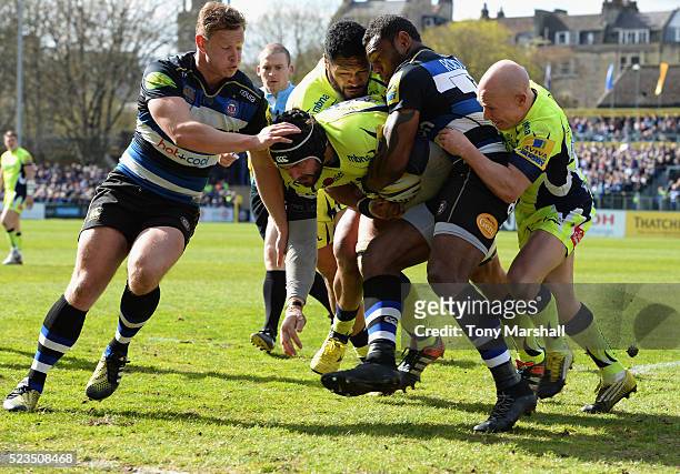 Andrei Ostrikov of Sale Sharks charges in to score a try during the Aviva Premiership match between Bath Rugby and Sale Sharks at the Recreation...