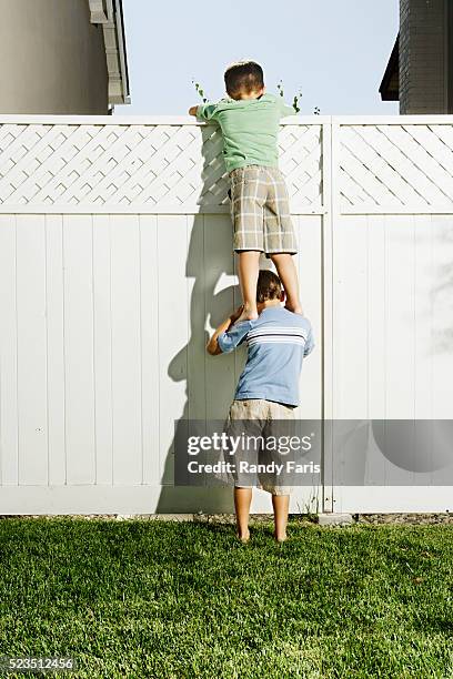 boys reaching over fence into neighbor's yard - stehlen verbrechen stock-fotos und bilder