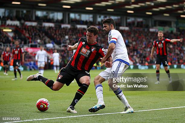 Tommy Elphick of Bournemouth clears the ball away from Diego Costa of Chelsea during the Barclays Premier League match between A.F.C. Bournemouth and...