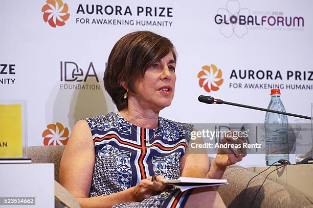 President, International Center for Journalists Joyce Barnathan during the Aurora Dialogues, a series of discussions between leading humanitarians at...