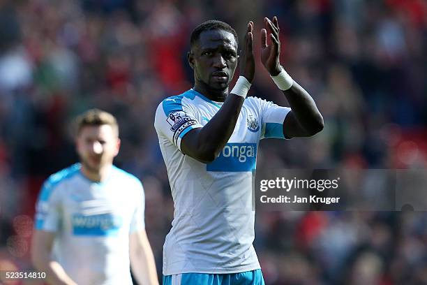 Moussa Sissoko of Newcastle United applauds away supporters during the Barclays Premier League match between Liverpool and Newcastle United at...