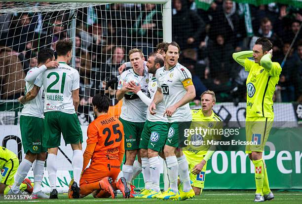 Hammarby IF celebrates after own goal by Jonkopings sodra during the Allsvenskan match between Hammarby IF and Jonkoping Sodra IF at Tele2 Arena on...