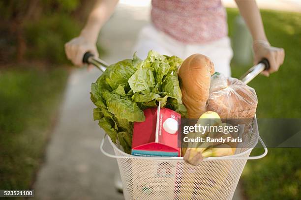 woman carrying groceries in bicycle basket - panier de bicyclette photos et images de collection