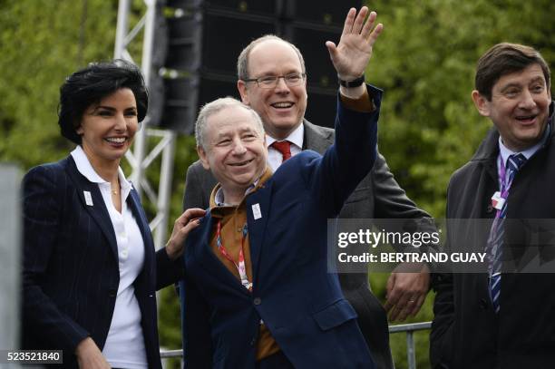 French European member of Parliament Rachida Dati, FIA President Jean Todt and Prince Albert of Monaco and French minister for Cities, Youth and...
