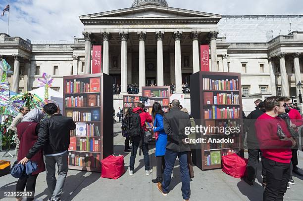 The British Library stand featuring QR codes for books at the Feast of St George marking the 400th anniversary William Shakespeare's death in London,...