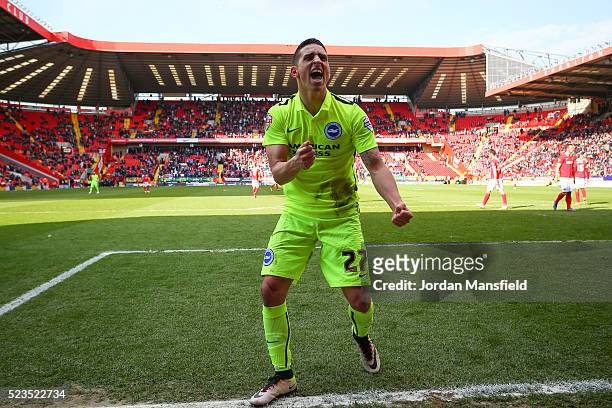 Anthony Knockaert celebrates as team mate Tomer Hemed of Brighton & Hove Albion scores their sides third goal during the Sky Bet Championship match...