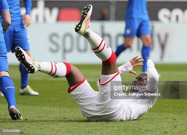 Anthony Modeste of Cologne falls on the ground during the Bundesliga match between 1. FC Koeln and SV Darmstadt 98 at RheinEnergieStadion on April...