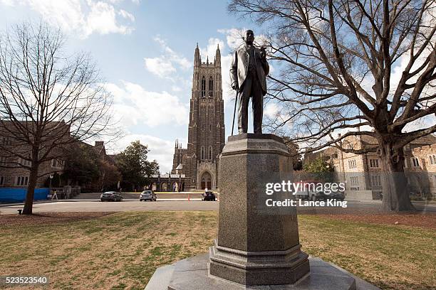 General view of the Duke University Chapel and a statue of James Buchanan Duke on the Duke University campus on March 4, 2016 in Durham, North...