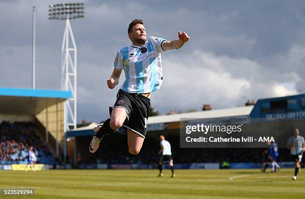 Andy Mangan of Shrewsbury Town celebrates after scoring to make it 1-2 during the Sky Bet League One match between Gillingham and Shrewsbury Town at...