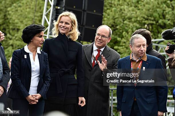 Rachida Dati, Eva Hertzigova, Prince Albert II of Monaco and Jean Todt attend the podium ceremony after the race of the FIA Formula E Paris ePrix on...