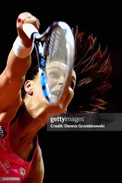 Agnieszka Radwanska of Poland serves in her semi final match against Laura Siegemund of Germany during Day 6 of the Porsche Tennis Grand Prix at...