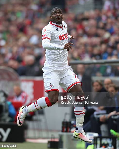 Anthony Modeste of Cologne jumps high during the Bundesliga match between 1. FC Koeln and SV Darmstadt 98 at RheinEnergieStadion on April 23, 2016 in...