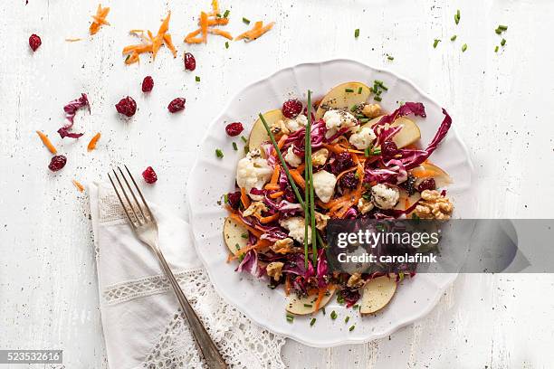 red cabbage salat with cranberries and chia seeds - schnittlauch stock pictures, royalty-free photos & images