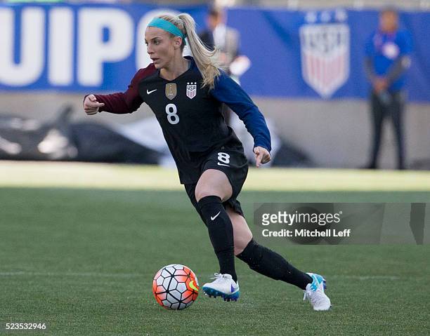 Julie Johnston of the United States controls the ball against Colombia at Talen Energy Stadium on April 10, 2016 in Chester, Pennsylvania. The United...