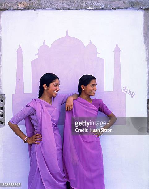 two young women in front of mural painting of taj mahal wearing sari, india - hugh sitton fotografías e imágenes de stock