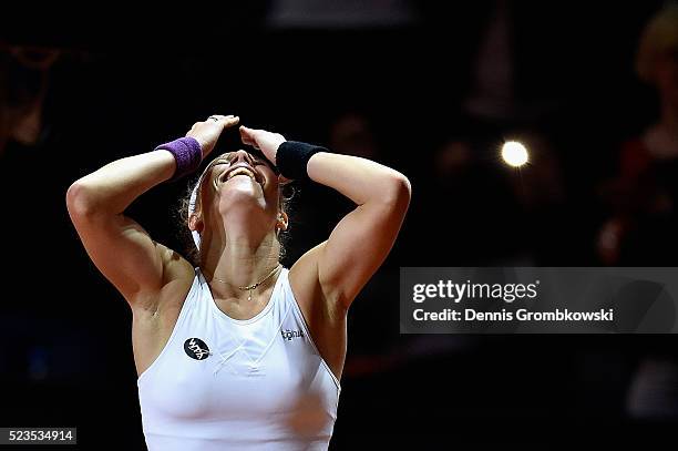 Laura Siegemund of Germany celebrates match point in her semi final match against Agnieszka Radwanska of Poland during Day 6 of the Porsche Tennis...