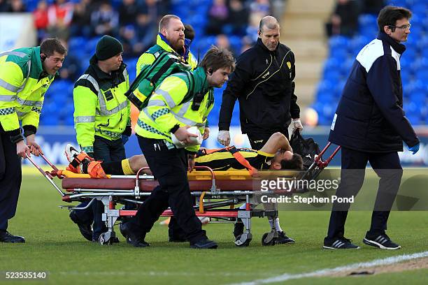 Mason Bennett of Burton Albion leaves the field on a stretcher during the Sky Bet League One match between Colchester United and Burton Albion at...