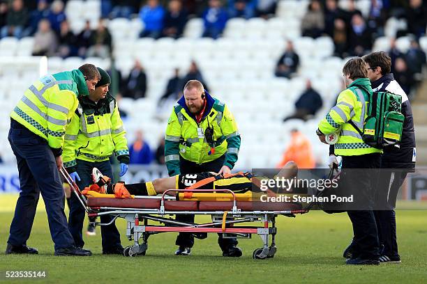 Mason Bennett of Burton Albion leaves the field on a stretcher during the Sky Bet League One match between Colchester United and Burton Albion at...
