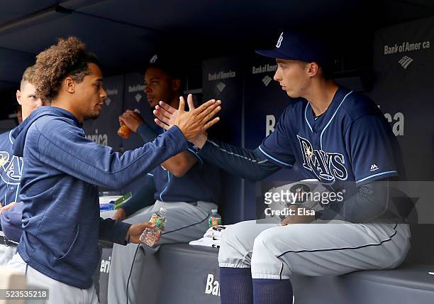 Chris Archer of the Tampa Bay Rays greets Blake Snell before the game against the New York Yankees at Yankee Stadium on April 23, 2016 in the Bronx...