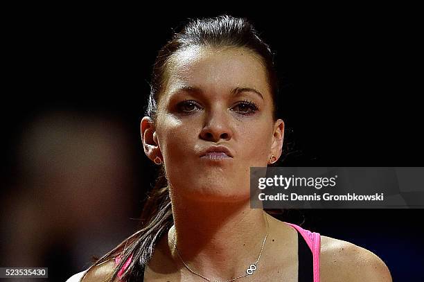 Agnieszka Radwanska of Poland looks dejected in her match against Laura Siegemund of Germany during Day 6 of the Porsche Tennis Grand Prix at...