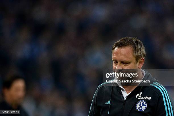 Head coach Andre Breitenreiter of Schalke reacts after losing the Bundesliga match against Bayer Leverkusen at Veltins-Arena on April 23, 2016 in...