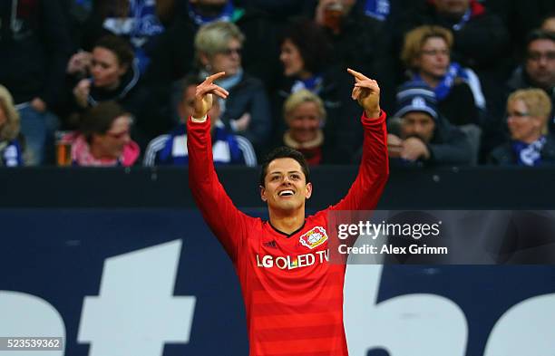 Javier Hernandez of Leverkusen celebrates his team's third goal during the Bundesliga match between FC Schalke 04 and Bayer Leverkusen at...