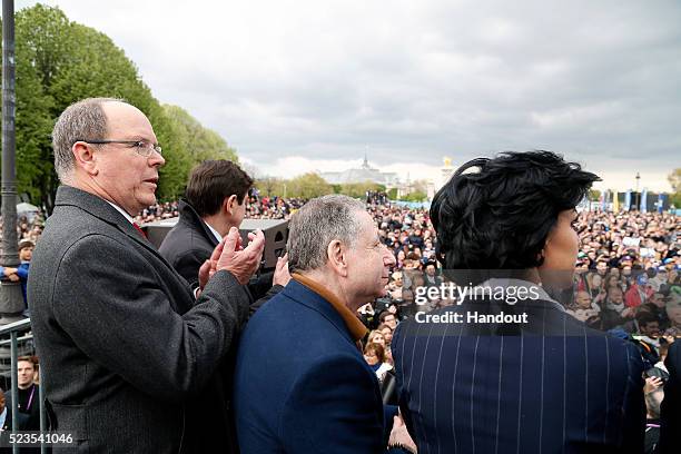 In this handout image supplied by Formula E, Albert II, Prince of Monaco, Jean Todt, FIA President and Anne Hidalgo, Mayor of Paris during the Paris...