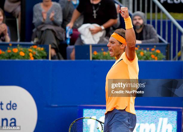 Rafael Nadal of Spain celebrates defeating Philipp Kohlschreiber of Germany during day six of the Barcelona Open Banc Sabadell at the Real Club de...