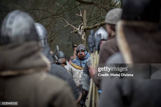 Medieval enthusiasts prepare for the reenactment of a medieval battle in the Czech Republic on April 23, 2016 in Libusin, Czech Republic. About 2000...