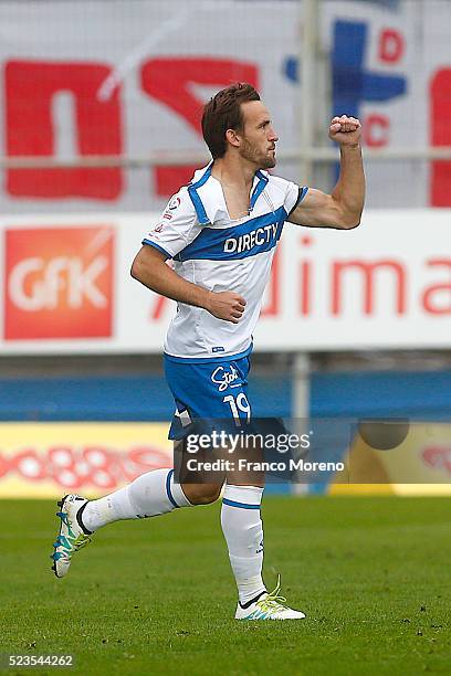 Jose Pedro Fuenzalida of U Catolica celebrates the first goal against U de Chile during a match between U Catolica and U de Chile as a part of round...