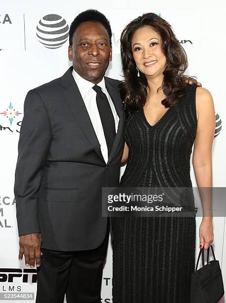 Former Brazilian footballer Pele and Marcia Aoki attend the "Pele: Birth of a Legend" Premiere during the 2016 Tribeca Film Festival at BMCC John...